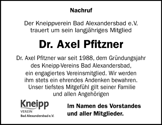 Traueranzeige von Axel Pfitzner von Frankenpost