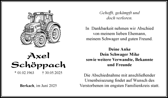 Traueranzeige von Axel Schöppach von Südthüringer Presse