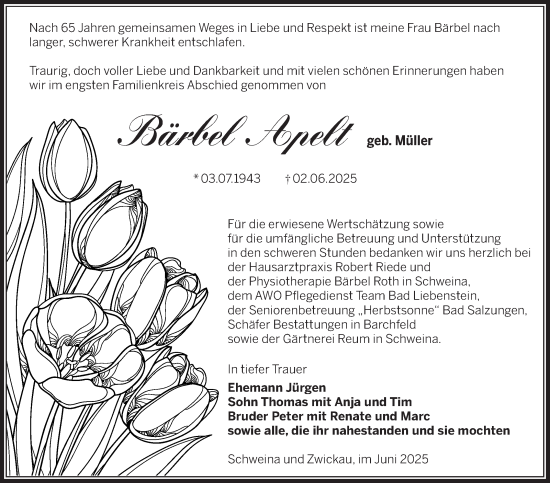Traueranzeige von Bärbel Apelt von Südthüringer Presse