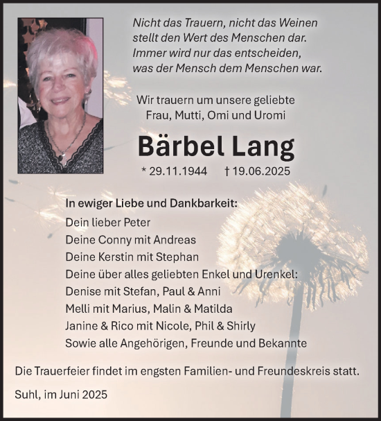 Traueranzeige von Bärbel Lang von Südthüringer Presse
