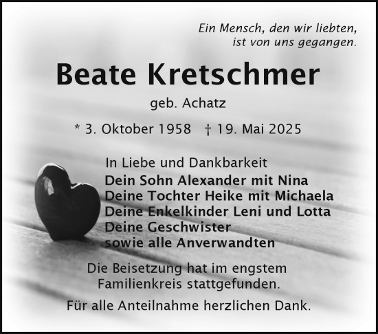 Traueranzeige von Beate Kretschmer von Frankenpost