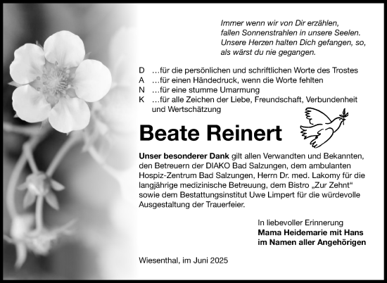 Traueranzeige von Beate Reinert von Südthüringer Presse