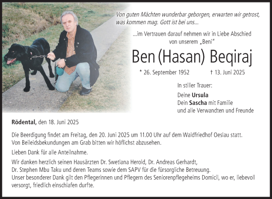Traueranzeige von Ben Beqiraj von Neue Presse Coburg