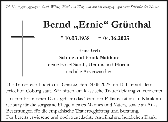 Traueranzeige von Bernd Grünthal von Neue Presse Coburg