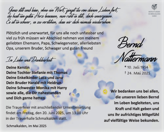Traueranzeige von Bernd Nattermann von Südthüringer Presse