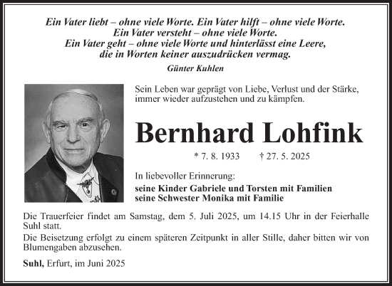 Traueranzeige von Bernhard Lohfink von Südthüringer Presse