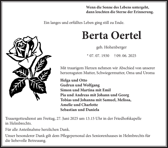 Traueranzeige von Berta Oertel von Frankenpost