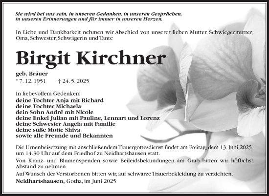 Traueranzeige von Birgit Kirchner von Südthüringer Presse