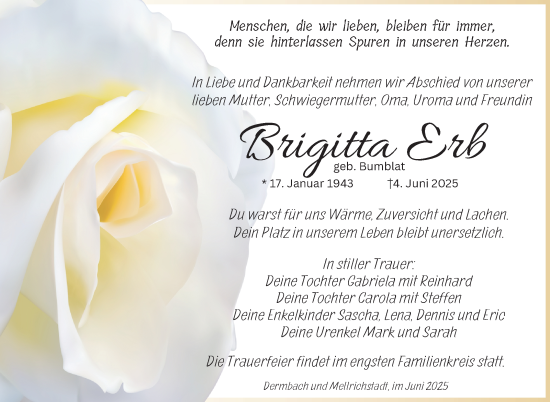 Traueranzeige von Brigitta Erb von Südthüringer Presse