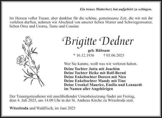 Traueranzeige von Brigitte Dedner von Südthüringer Presse