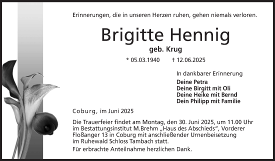 Traueranzeige von Brigitte Hennig von Neue Presse Coburg