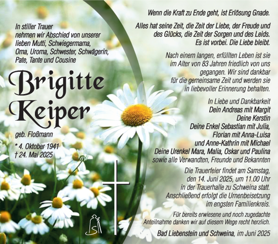 Traueranzeige von Brigitte Keiper von Südthüringer Presse