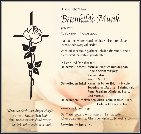 Traueranzeige von Brunhilde Munk von Südthüringer Presse