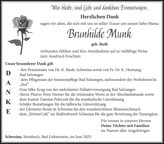 Traueranzeige von Brunhilde Munk von Südthüringer Presse