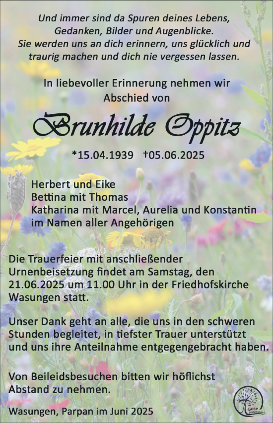 Traueranzeige von Brunhilde Oppitz von Südthüringer Presse