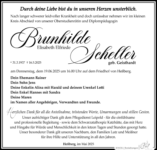 Traueranzeige von Brunhilde Scheller von Südthüringer Presse
