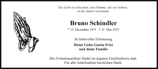 Traueranzeige von Bruno Schindler von Frankenpost