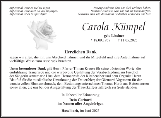 Traueranzeige von Carola Kümpel von Südthüringer Presse