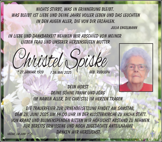 Traueranzeige von Christel Spiske von Südthüringer Presse
