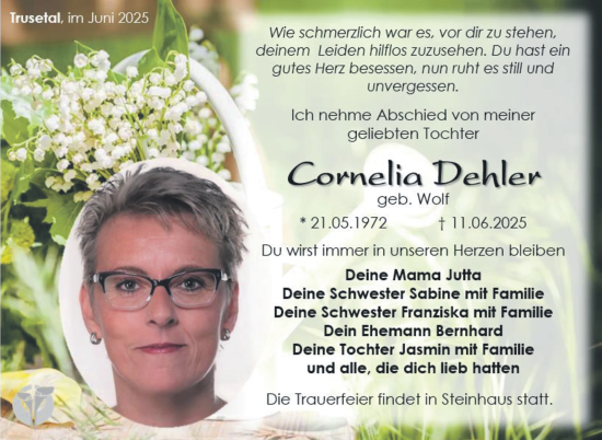 Traueranzeige von Cornelia Dehler von Südthüringer Presse