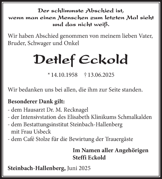 Traueranzeige von Detlef Eckold von Südthüringer Presse