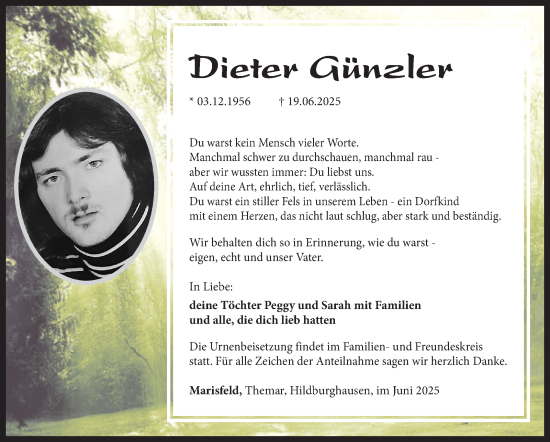 Traueranzeige von Dieter Günzler von Südthüringer Presse