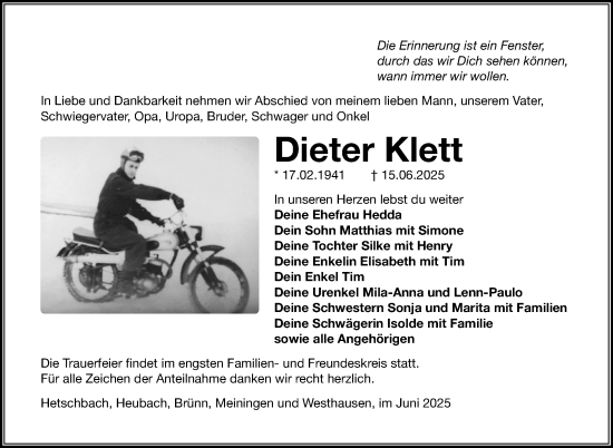 Traueranzeige von Dieter Klett von Südthüringer Presse
