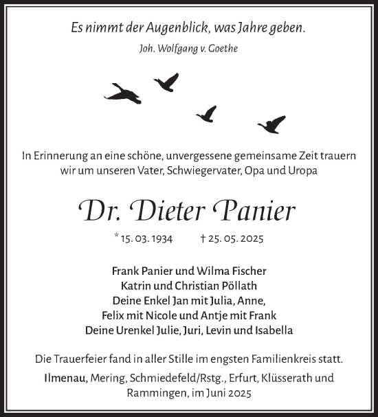 Traueranzeige von Dieter Panier von Südthüringer Presse