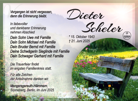 Traueranzeige von Dieter Scheler von Südthüringer Presse