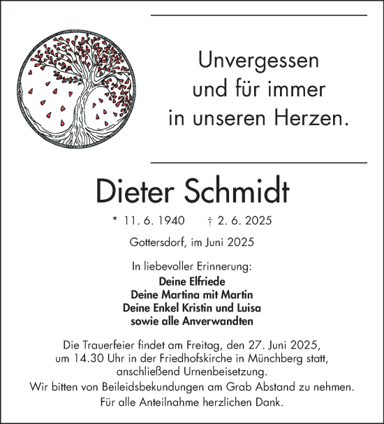 Traueranzeige von Dieter Schmidt von Frankenpost