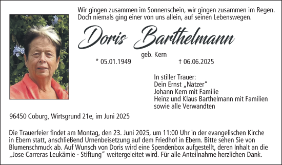Traueranzeige von Doris Barthelmann von Neue Presse Coburg