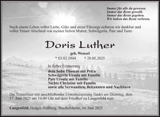 Traueranzeige von Doris Luther von Südthüringer Presse