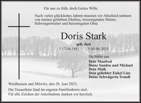 Traueranzeige von Doris Stark von Neue Presse Coburg