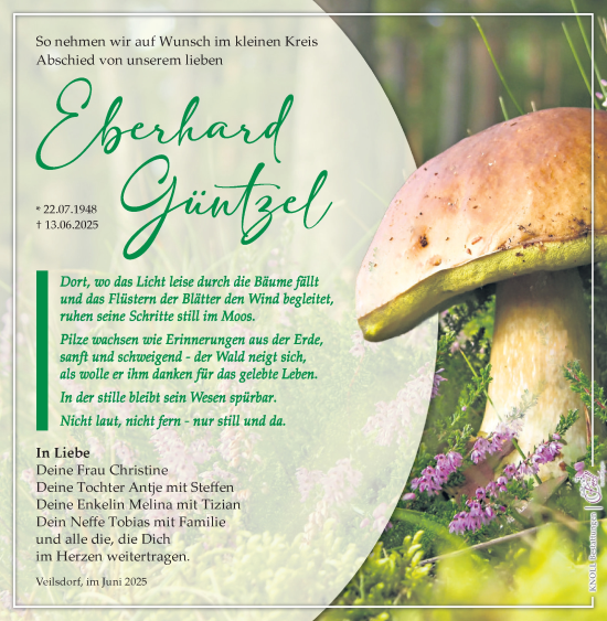 Traueranzeige von Eberhard Güntzel von Südthüringer Presse