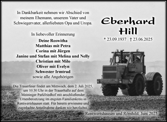 Traueranzeige von Eberhard Hill von Südthüringer Presse