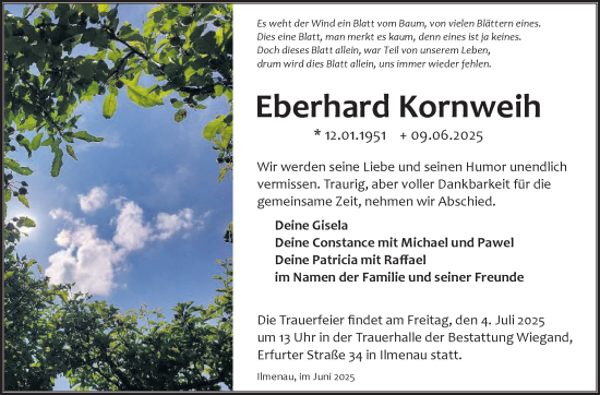 Traueranzeige von Eberhard Kornweih von Südthüringer Presse