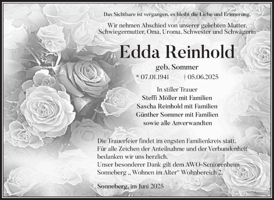 Traueranzeige von Edda Reinhold von Südthüringer Presse