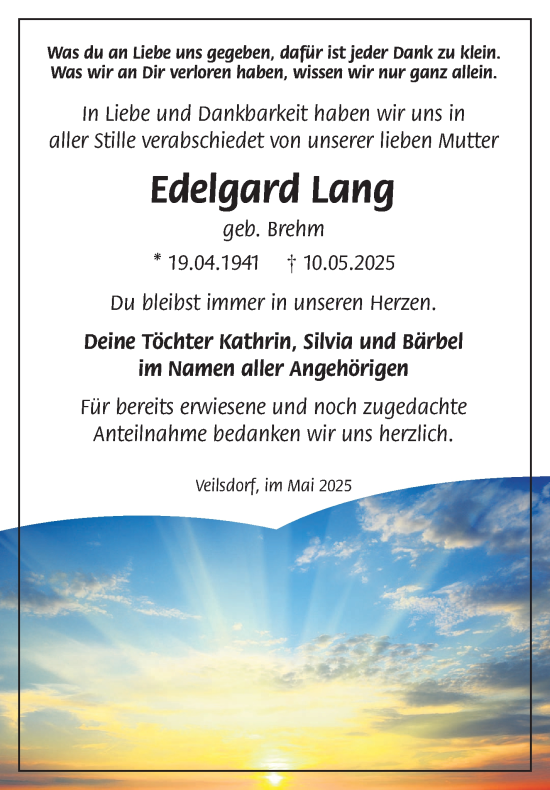 Traueranzeige von Edelgard Lang von Südthüringer Presse