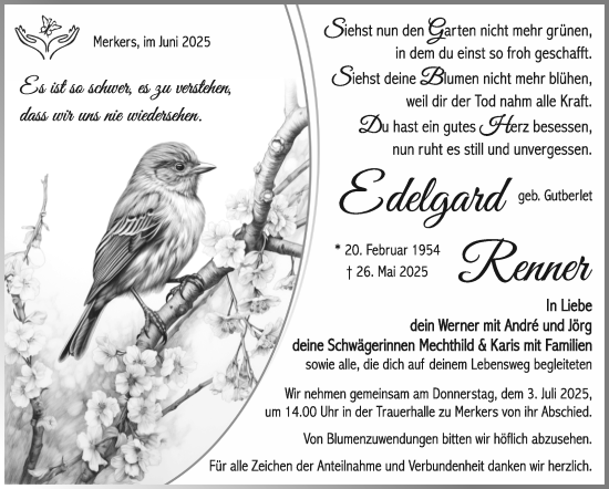 Traueranzeige von Edelgard Renner von Südthüringer Presse