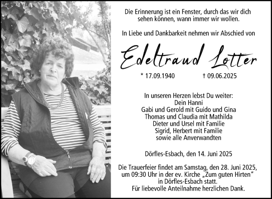 Traueranzeige von Edeltraud Lotter von Neue Presse Coburg