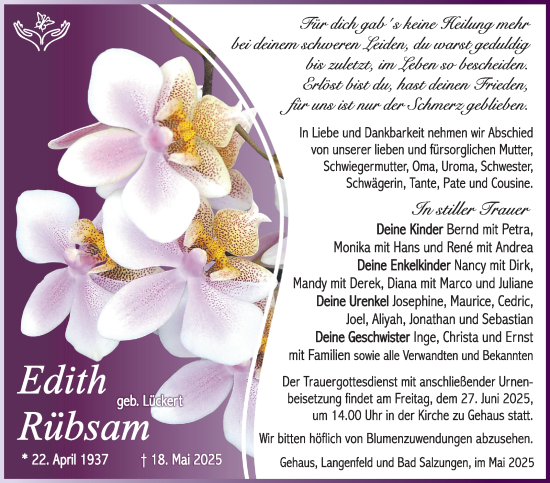 Traueranzeige von Edith Rübsam von Südthüringer Presse