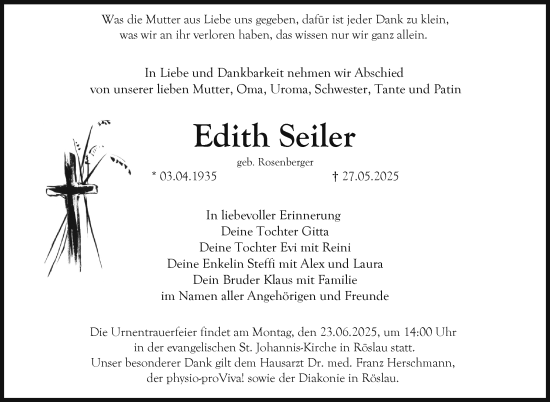 Traueranzeige von Edith Seiler von Frankenpost
