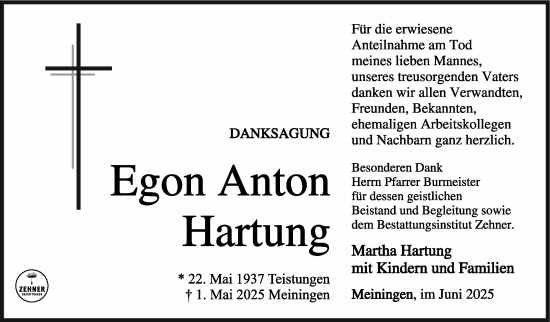 Traueranzeige von Egon Anton Hartung von Südthüringer Presse