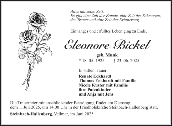 Traueranzeige von Eleonore Bickel von Südthüringer Presse