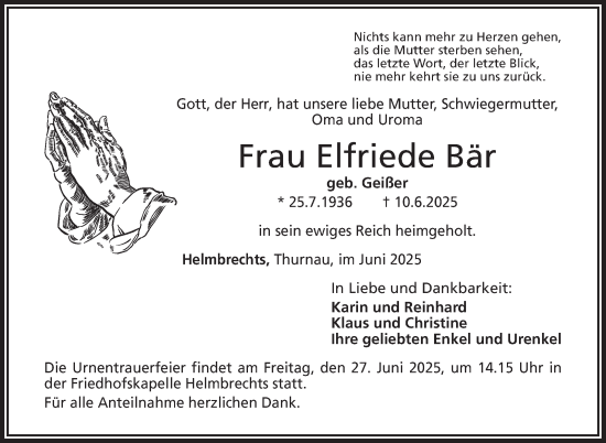 Traueranzeige von Elfriede Bär von Frankenpost