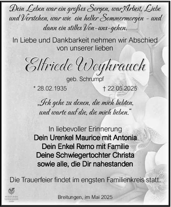Traueranzeige von Elfriede Weyhrauch von Südthüringer Presse