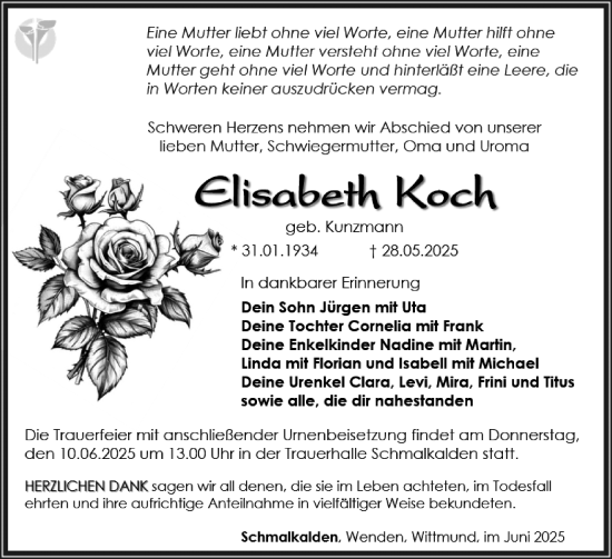 Traueranzeige von Elisabeth Koch von Südthüringer Presse