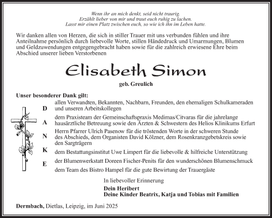 Traueranzeige von Elisabeth Simon von Südthüringer Presse