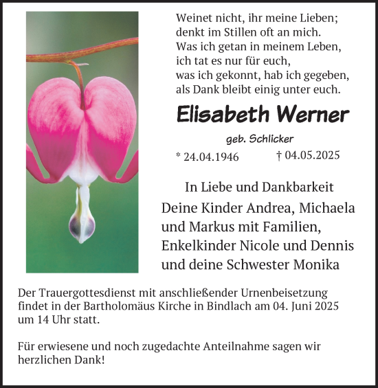 Traueranzeige von Elisabeth Werner von Frankenpost