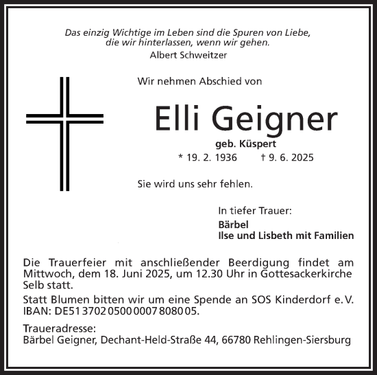 Traueranzeige von Elli Geigner von Frankenpost